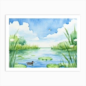 Watercolor Painting Depicting A Tranquil Scene With Water Lilies And A Leaf Floating On A Serene Swe 2 Art Print