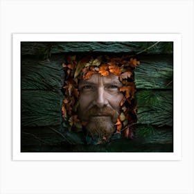 Portrait Of A Weathered Man Face Composed Of Colored Leaves Ranging From Autumnal Oranges To Deep E Art Print