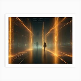 An Illustration Of Two Figures Walking Through A Dark, Futuristic Corridor Lined With Glowing Orange Lines 1 Art Print