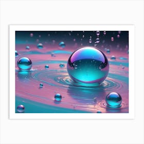 A Large, Iridescent Sphere Makes A Splash In A Pool Of Colorful Liquid, Surrounded By Smaller Spheres And Ripples Art Print