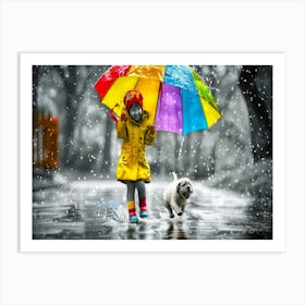 Girl With Yellow Umbrella - Rainy Good Morning Art Print
