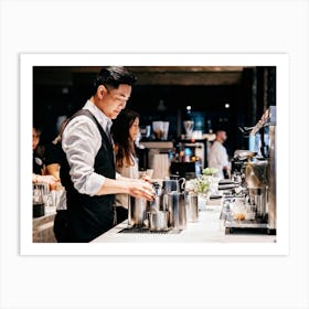 Barista Focused On Pouring Water Into A Step By Step Dripper Amid The Bustling Ambiance Of A Busy C (5) Art Print