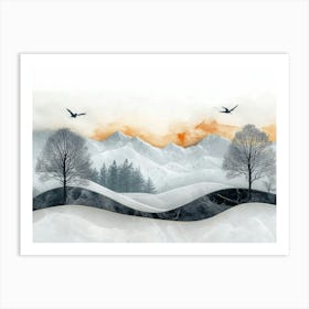 Black Trees with Colorful Marble Mountains in A Light Gray Background with White Clouds Art Print