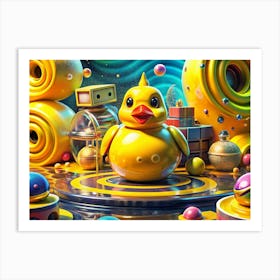 Yellow Rubber Duck Standing On A Circular Platform Surrounded By Various Objects Art Print