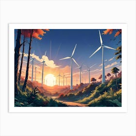 A Path Leads Through A Lush, Green Forest Towards A Group Of Wind Turbines Silhouetted Against A Setting Sun Art Print