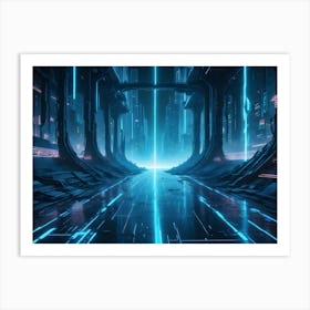 A Futuristic Cityscape With Glowing Blue Lines And A Reflective Floor Art Print