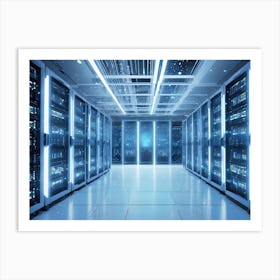 Server Room With Rows Of Server Racks, Illuminated With Blue Lights Art Print