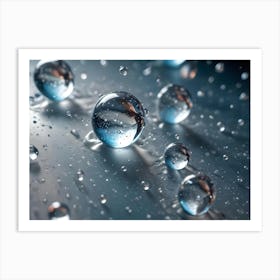 A Close Up Of A Group Of Clear, Glass Spheres On A Blue Surface With A Few Droplets Scattered Around Art Print