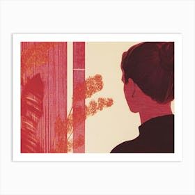 Woman Looking Out A Window Red Collage Art Print