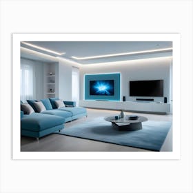 A Modern Living Room Interior With A Blue Couch, A Coffee Table, And A Large Tv Art Print