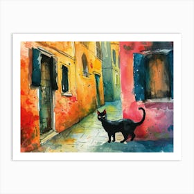 Black Cat In Venice, Italy, Street Art Watercolour Painting 2 Art Print