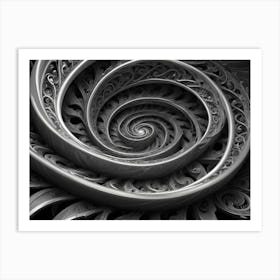 Intricate Black And White Fractal Design Resembling A Spiral Seashell, With Swirling, Organic Patterns And A Sense Of Depth And Complexity Art Print