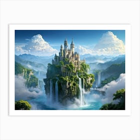 Whimsical Castle Perched Atop Undulating Floating Islands Cascading Waterfalls Plummeting Into The Art Print