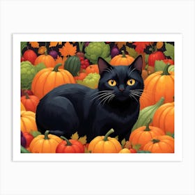 Black Cat Sitting In A Pile Of Pumpkins With A Rustic Crate Art Print