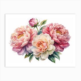 Watercolor Painting Of Pink And White Peonies 1 Art Print