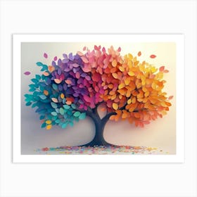 Colorful Tree with Leaves on Hanging Branches Illustration, 3d Floral Tree Art Print