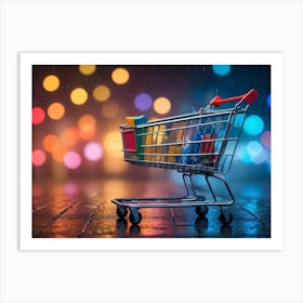 A Shopping Cart Filled With Shopping Bags Stands On A Wet, Reflective Surface With Colorful Bokeh Lights And Falling Rain In The Background Art Print