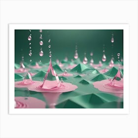 3d Render Of Pink Water Drops Splashing On A Geometric, Green And Pink Landscape, Creating A Surreal And Refreshing Scene Art Print