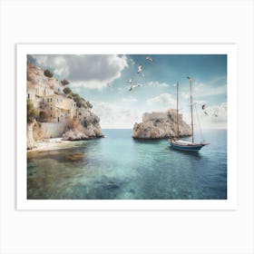 Oil Painting of Mediterranean Sailboat In The Sea Art Print