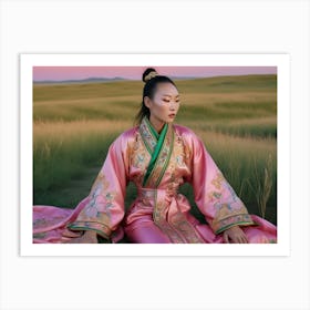 Portrait of a girl of Mongolian appearance in a traditional pink dress Art Print