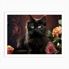 Cute Black Cat And Flowers 05 Art Print