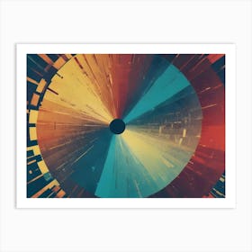 A Colorful, Abstract Design Featuring A Central Black Circle Surrounded By Radial Lines In Shades Of Orange, Yellow, Blue, And Red Art Print