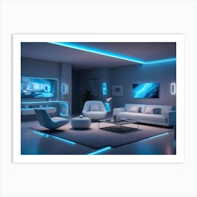 A Modern Living Room Interior With A White Sofa, Blue Accent Lighting, And A Large Tv Screen Displaying A Smart Home Interface 1 Art Print