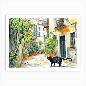 Barcelona, Spain   Black Cat In Street Art Watercolour Painting 1 Art Print