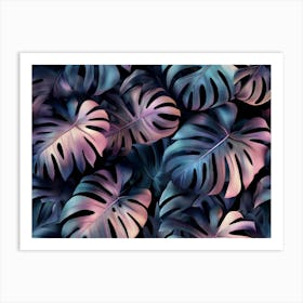 Tropical Seamless Pattern with Monstera, Palm Leaves on Dark Background Art Print