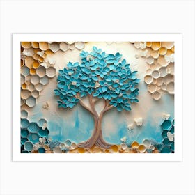 Serene Tree Turquoise and Blue Leaves, Soft Brown Shades, Colorful Art Print