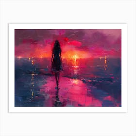 Woman Walking On The Beach At Sunset Art Print