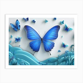 3d Modern Art With Blue Butterfly 1 Art Print