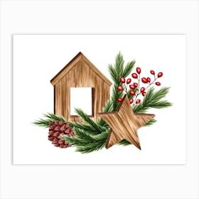 Christmas Composition With Wooden House, Star, Cone, Fir Branches and Red Berries Art Print