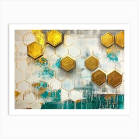 A Rich Oil on Canvas with Abstract Golden Hexagons, White Lattice and Splashes of Turquoise Painting Art Print