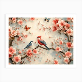 Nature's Tapestry, A Seamless Illustration Of Floral Tree Branches, Birds, Butterflies And Blooms 3d 1 Art Print