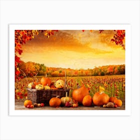 Autumnal Farm Landscape Pumpkins And Cornstalks Surround A Rustic Wooden Basket Filled With Apples (2) Art Print