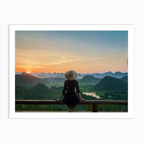 Evening View Of An Asian Woman Perched Solo On A Wooden Terrace Decked In A Summer Hat Her Black At (3) Art Print