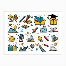 Cartoon Icons Representing Events And Education Sketched By Hand Hand Drawn Animation Style Depic Art Print