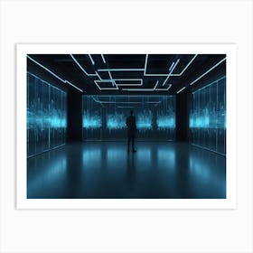 A Man In Silhouette Stands In A Futuristic Room, Surrounded By Glowing Screens Displaying Data And Information Art Print