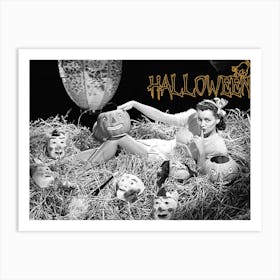 Pin Up Girl Posing In A Hay Full Of Masks Art Print