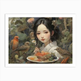 Chinese Girl With Birds Art Print