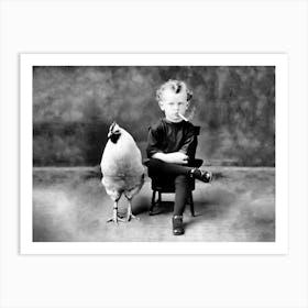 Boy And A Chicken, Boy Smoking a Cigarette, Funny, Vintage Black and White Old Photo Art Print