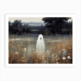 Cute Bedsheet Ghost In Flower Landscape Vintage Style, Halloween Spooky 3 Art Print