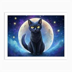 Black Cat With Yellow Eyes In Front Of The Full Moon Art Print