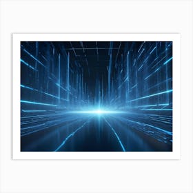 A Dark Room With A Futuristic, Blue Grid Pattern Art Print