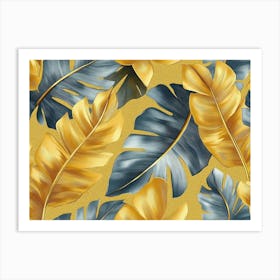 Golden Seamless Pattern With Shiny Banana Leaves Palm Tropical Exotic Vintage Hand Drawn 3d 1 Art Print