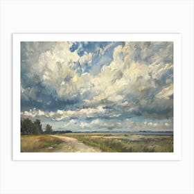 Vintage Country Landscape Painting, Neutral Cloud Landscape Oil Painting, Rustic Landscape Horizon Art Print Art Print