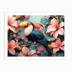 3d Render Toucans Bird, Floral Background Art Print