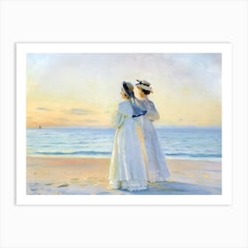 Vintage Painting Two Women On The Beach Art Print