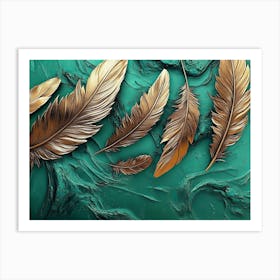 Vibrant 3d Abstract Art with Emerald Background Radiant Bronze Feathers and Breathtaking Landscape Art Print